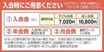 入会金:子ども会員7,020円、成人会員10,800円 その他年会費、月会費等必要です。詳しくはお問い合せください。